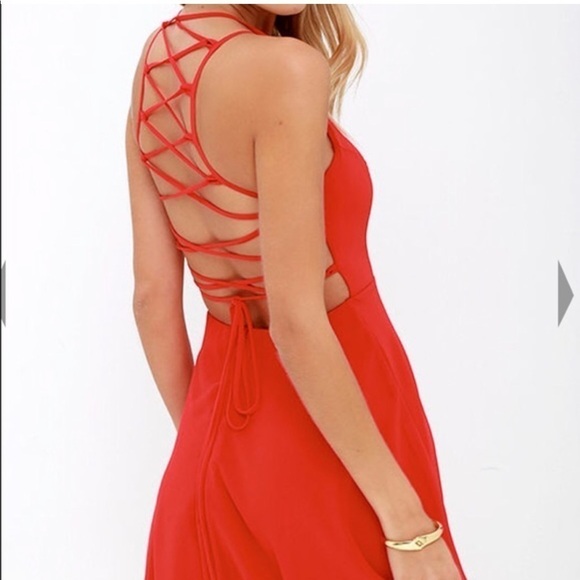Lulu’s bright red chiffon lace-up back fit and flare mini dress S - Picture 1 of 11